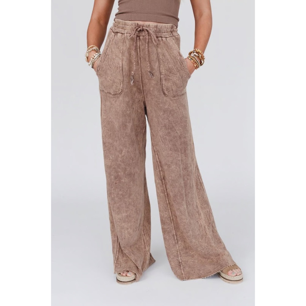 Three Bird Nest Mocha Brown Wide Leg Mineral Wash Cotton Drawstring Pants Small